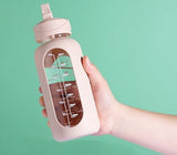 CIVAGO 32 oz Glass Water Bottle with Straw and Handle, Large Sports Motivational Water Bottle Flask with Time Marker and 2 Lids, Leakproof Water Jug Canteen with Silicone Sleeve for Gym,Beige