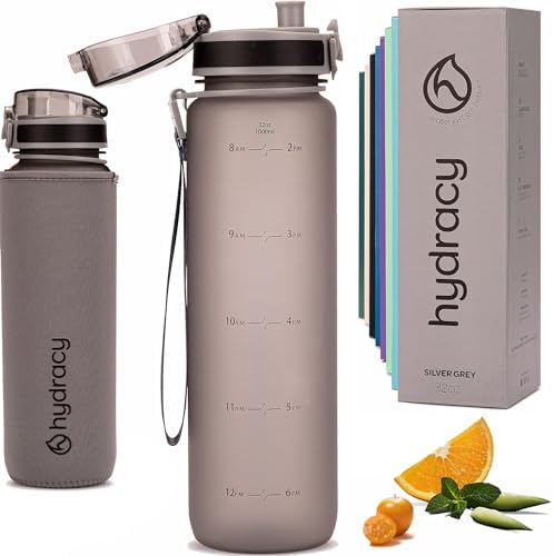 Hydracy Water Bottle with Time Marker -Large BPA Free Water Bottle & No Sweat Sleeve -Leak Proof Gym Bottle with Fruit Infuser Strainer & Times to Drink -Ideal for Fitness Sports & Outdoors