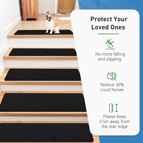 Non Slip Stair Treads for Wooden Steps,15 Pack 8" X 30" Stairs Carpet Treads Indoor with Reusable Peel and Stick Adhesive for Kids Elders and Pets,Polyester TPR Backing