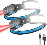 Smiling Shark Headlamp, 2 Pack Head Lamps Led Rechargeable 6 Modes 7*White Lights 270° Lighting Width Motion Sensor Red Tail Light for Camping Fishing Repairation, LED-Headlamp-Rechargeable-Light