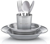 Unique Complete Messware Kit Polished Stainless Steel Dishes Set| Tableware| Dinnerware| Camping| Includes - Cups | Plates| Bowls| Cutlery| Comes in Mesh Bags