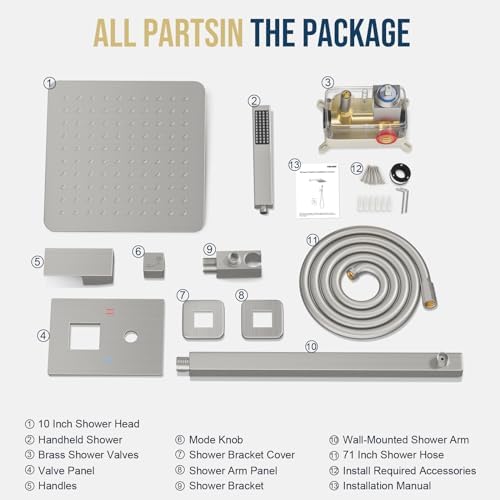 Shower Faucet Set Bathroom Square Rain Shower Head and Handle Set, Wall Mounted Shower Fixtures, Full Metal Trim Repair Kit 10 inch Brushed Nickel (With Shower Valve)