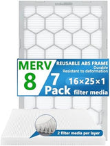16x25x1 MERV 8 Air Filter,AC Furnace Air Filter,Reusable ABS Plastic Frame, 7 Pack Replaceable Filter Media (Actual Size: 15 3/4" x 24 3/4" x 3/4")