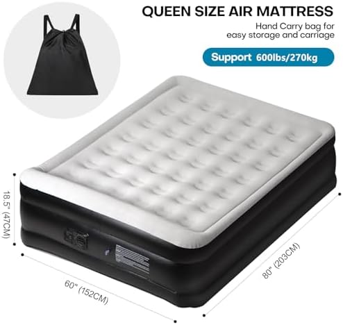 Panana Queen Air Mattress with Built in Electric Pump, Height 18.5" Comfort Blow up Inflatable Guest Air Bed Airbed with Flocked Top, Storage Bag for Family, Home, Camping