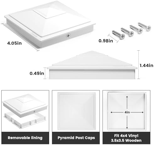 SIEDiNLAR 4x4 Pyramid Post Caps Waterproof Outdoor 4x4 Post Cover, Fits 4x4 3.5x3.5 Vinyl Wood Posts for Fence Deck Mailbox Patio (White, 12 Pack)