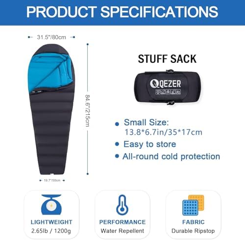 Down Sleeping Bag for Adults 0°F 10°F 15°F 20°F Backpacking Sleeping Bag for Cold Weather with Compression Sack