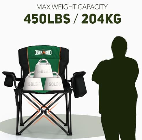 Overmont Oversized Folding Camping Chair - 450lbs Support with Padded Cushion Cooler Pockets - Heavy Duty Collapsible Chairs for Sports Garden Beach Fishing