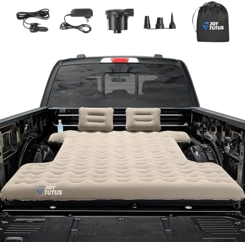JOYTUTUS Truck Bed Air Mattress for 6.4-6.7Ft Full Size Regular Truck Beds Inflatable Air Mattress for Outdoor Camping,Pickup Tent Accessories with Pump,Cup Holder&2 Pillow(Smooth Edge)