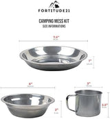 Stainless Steel Camping Mess Kit - Person's Complete Picnic & Camp Dish Set, Includes Plate, Bowl, Cup & Utensils