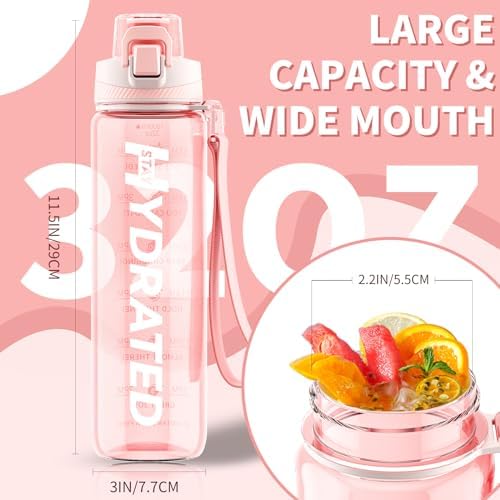 Water Bottle, 32 oz Motivational Water Bottles with Time Marker-Tritan & BPA Free, Sports Water Bottle with Time to Drink & Strap, Wide Mouth, Leakproof -Gift for Christmas Gym Fitness & Outdoor
