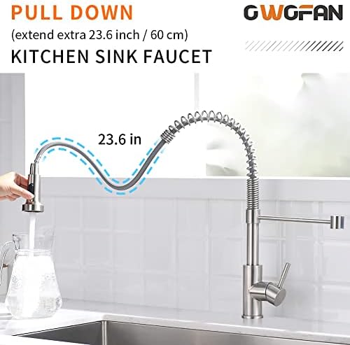OWOFAN Kitchen Faucet Low Lead Commercial Solid Brass Single Handle Single Lever Pull Out Pull Down Sprayer Spring Kitchen Sink Faucet, Brushed Nickel Kitchen Faucets 866053SN
