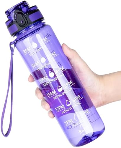 OLDLEY Water Bottle, 32oz Motivational Sports Water Bottle with Time Marker - Times to Drink - Tritan, BPA Free, Wide Mouth Leakproof, Deep Purple (1 Bottle)