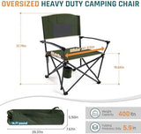 Heavy Duty Folding Camping Chair for Adults Oversized Camping Chairs Steel Frame Support 400 lbs, Metal Arm Lawn Chairs with Swivel Cup Holder, Hollow Backrest, Extra Large Outdoor Chairs, Green