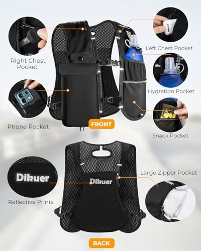 Running Vest for Women Men, Lightweight Hydration Runner Vest with Transparent Waterproof Phone Pocket, 17oz Soft Flask, Adjustable Chest Straps Reflective Backpack for Hiking Cycling Jogging