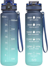 OLDLEY Water Bottle, 32oz Motivational Sports Water Bottle with Time Marker - Times to Drink - Tritan, BPA Free, Wide Mouth Leakproof, Navy Blue Green (1 Bottle)