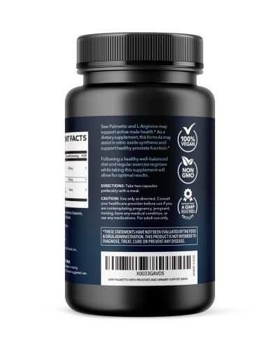 Saw Palmetto 500mg and L-Arginine 500 mg - Prostate Health and Nitric Oxide Supplements for Men - 60 Count - Urinary Function Support and Endurance for Active Males - Vegan, Non-GMO, 1 Month Supply