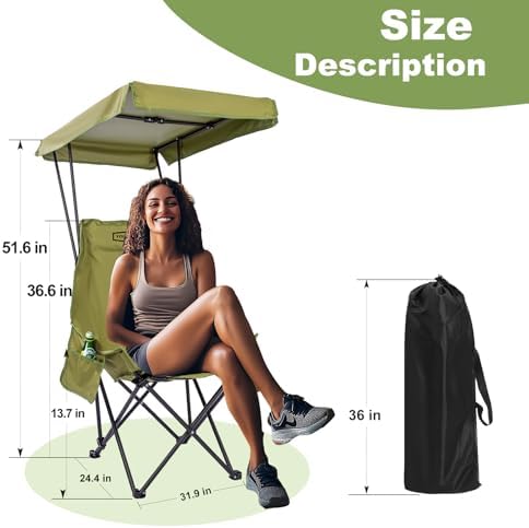 YOUNG WOOD Portable Camping Chair Beach Chair with Shade Canopy, Fold Lightweight Oversized for All, Easy to Open and Close Without Installation, Side Pocket Design for All Outdoor Activities, Green