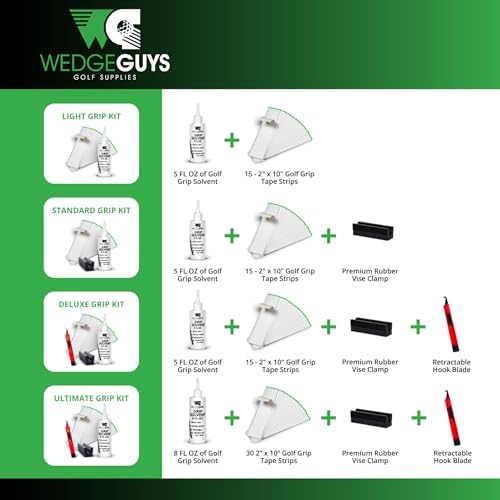 Wedge Guys Golf Grip Kits for Regripping Golf Clubs - Professional Quality - Options Include Hook Blade, 15 or 30 Tape Strips, 5 or 8 oz Solvent, Grip Tape Remover, Bench Vise & Rubber Clamp