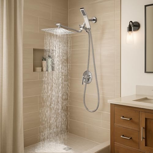 G-Promise All Metal 8 Inch Dual Square Shower Head with Handheld Spray Combo, Rain Shower Head, Adjustable Extension Arm, Smooth 3-Way Diverter, 71 Inch Extra Long Hose - A Bathroom Upgrade (Chrome)