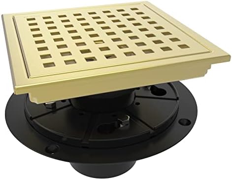 6 Inch Square Shower Floor Drain with Flange,Quadrato Pattern Grate Removable,Food-Grade SUS 304 Stainless Steel,Watermark&CUPC Certified, Brushed Gold
