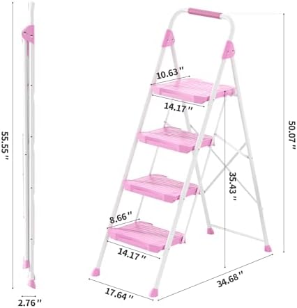 KINGRACK 4 Step Ladder, 900lbs Sturdy Step Stool with Handrail, Anti-Slip Wide Pedals, Foldable Stepladder for Home, Garage, Garden, Household, Pink, Pass 900LBS Testing