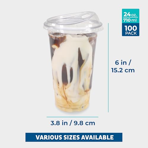 Freshware 24 oz Clear Disposable Plastic Cups with Strawless Sip Lids, 100 Pack Clear Plastic Tumblers, Heavy-duty Party Glasses, Disposable Cups for Thanksgiving, Halloween, Christmas Party