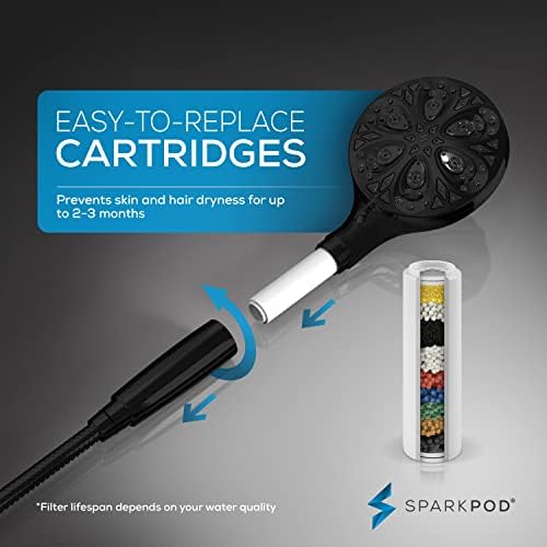 SparkPod 10-Mode Handheld Shower Head with Filter - 5" High Pressure Filtered Shower Head with Touch-to-Clean Nozzles, Built-In Power Jet, Stainless Steel 6ft Hose & Bracket (Black Matte)