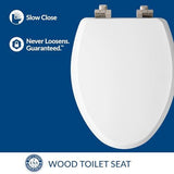 Mayfair Bennett Toilet Seat with Brushed Nickel Hinges, Slow Close Wood Seat, Secure Metal Hinges, Easy Install, Elongated, White