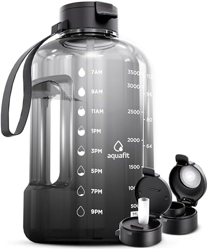 AQUAFIT 1 Gallon Water Bottle With Times To Drink - 128 oz Straw Motivational Large Sports Time Marker Gym Jug Gallon , Black