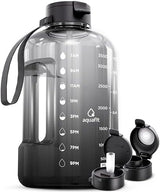 AQUAFIT 1 Gallon Water Bottle With Times To Drink - 128 oz Straw Motivational Large Sports Time Marker Gym Jug Gallon , Black