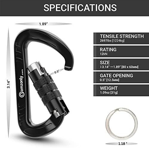 3inch Auto Locking Carabiner Clips Heavy Duty, 12KN /2697lbs Lightweight keychain carabiners, Sturdy Twist Lock Caribeeners for Camping Hiking Hammock Swing Backpack, dog leash and Harness etc
