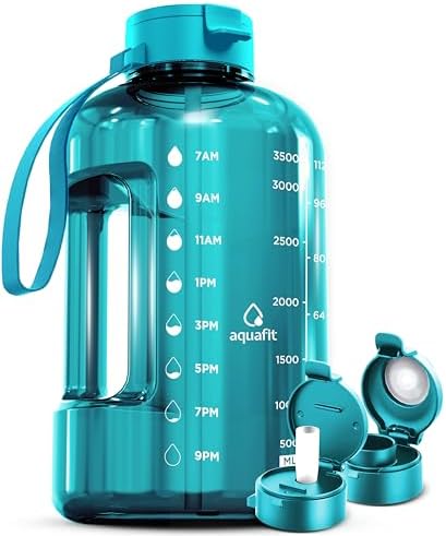 AQUAFIT 1 Gallon Water Bottle With Times To Drink - 128 oz Straw Motivational Large Sports Time Marker Gym Jug
