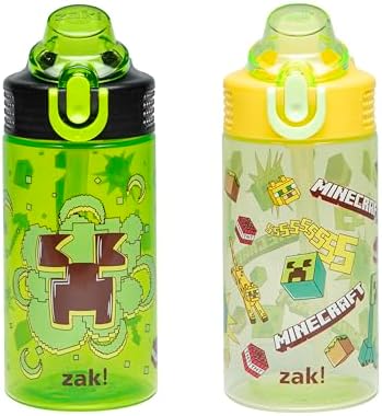 Zak Designs Minecraft Sage Kids Water Bottle For School or Travel, 16oz Durable Plastic Water Bottle With Straw, Handle, and Leak-Proof, Pop-Up Spout Cover, 2-Pack Set (Creeper)