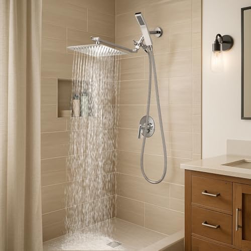 G-Promise All Metal 10" Dual Square Shower Head Combo | Rain Shower Head | Handheld Shower Wand | Adjustable | Smooth 3-Way Diverter | 71" Extra Long Hose - A Bathroom Upgrade (Chrome)