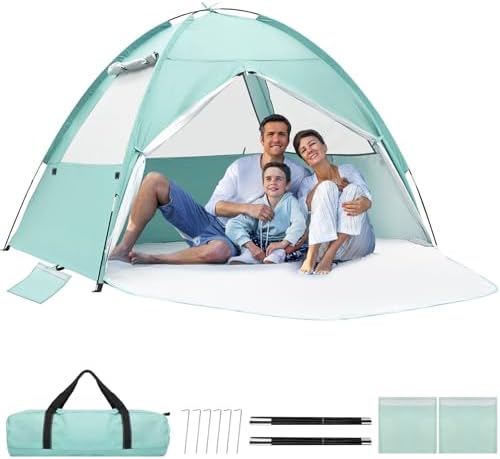 Beach Tent for 3-4 Person, Large Easy Setup Beach Shade Canopy with UPF 50＋ UV Protection, Portable Shade Tent with 3 Ventilating Mesh Windows for Outdoor, Picnics, Fishing