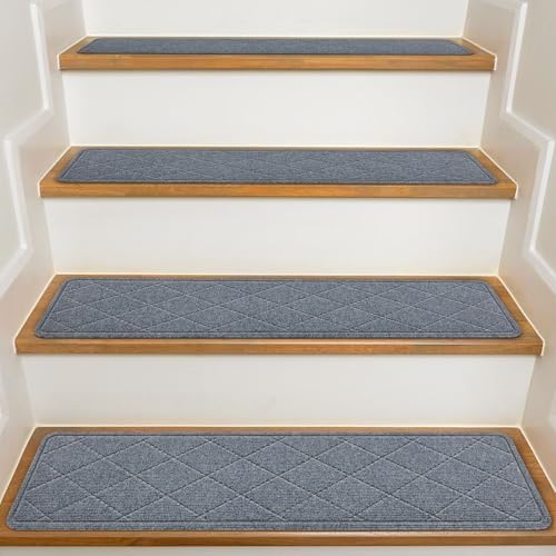 Stair Treads for Wooden Steps Indoor, KOOTETA 15 Pack 8" X 30" Non Slip Carpet Stair Treads with Reusable Adhesive for Kids Elders and Dogs, Surface Polyester TPR Backing Stair Runner Rugs, Dark Grey