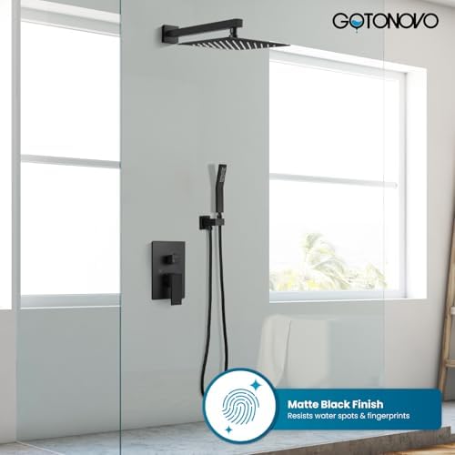 gotonovo Rainfall Bathroom Shower System Rain Shower Head and Handle Set Wall Mounted Shower Complete Combo Solid Brass Pressure Balancing Shower Mixer Valve 10 Inch Matte Black