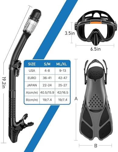 Snorkeling Gear for Adults Men Women,4 in 1 Snorkel Set with Panoramic View Diving Mask Anti-Fog Anti-Leak,Dry Top Snorkel,Fins and Travel Bag for Swimming,Snorkeling and Travel Diving