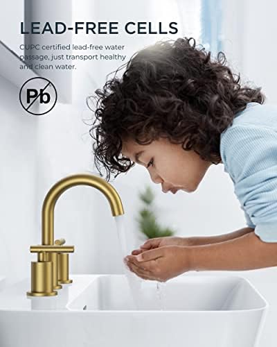 FORIOUS 8 Inch Widespread Brushed Gold Bathroom Faucet 3 Hole, 2 Handle Gold Sink Faucet Bathroom Vanity with 360 Degree Swivel Spout, with Metal Pop Up Drain and cUPC Supply Line, for 6 to 12 In Sink