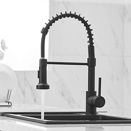 OWOFAN Modern Single Handle Spring Kitchen Faucet with Pull Down Sprayer, Matte Black Kitchen Sink Faucet 866080R