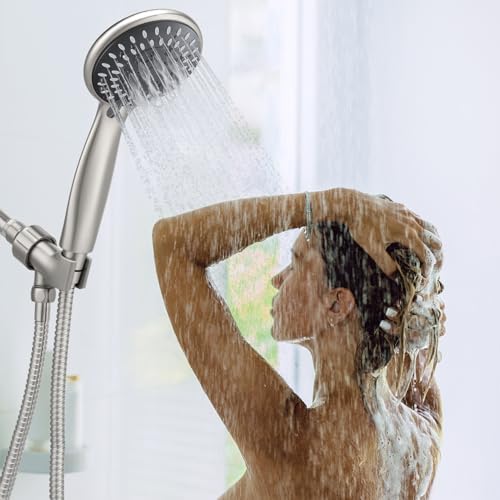 Briout Shower Head with Handheld, 5-Settings Showerhead High Pressure Powerful Water Spray Shower Head Set with 59 Inch Stainless Steel Hose and Bracket, Brushed Nickel
