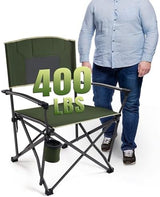 Heavy Duty Folding Camping Chair for Adults Oversized Camping Chairs Steel Frame Support 400 lbs, Metal Arm Lawn Chairs with Swivel Cup Holder, Hollow Backrest, Extra Large Outdoor Chairs, Green