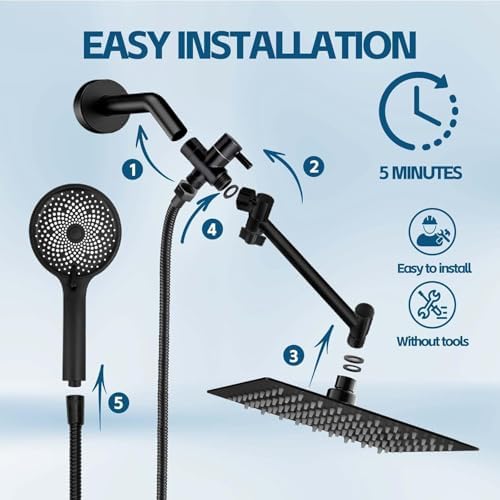Shower Head,10 Inch High Pressure Rain Shower Head with Handheld Spray Combo, Adjustable Dual Rainfall Shower Head - Showerhead Comb Set with Extension Arm - 60 Inch Long Shower Hose（Black）