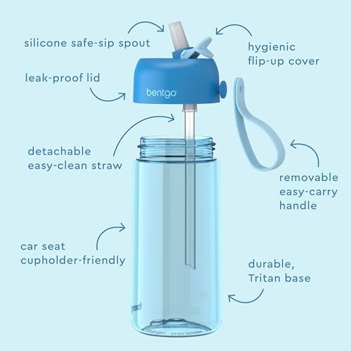 Bentgo Kids Water Bottle - Leak-Proof, Durable Tritan, BPA-Free 15 oz. Cup for Kids/Toddlers Ages 3+ - Safe Sip Spout, Carrying Handle, & Dishwasher Safe for School, Sports, Daycare & Camp (Blue)