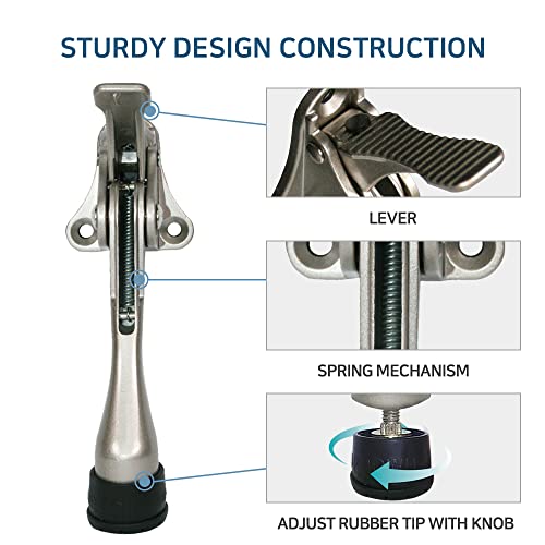 One Touch Kickdown Door Stopper, Door Holder, Heavy Duty Door Stops, Bottom of Door, Height-Adjustable Rubber Tips by HASHI (Satin Nickel 4 inch x 2pack)