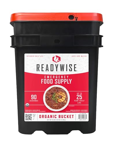 READYWISE - Organic Bucket, 90 Servings, Emergency, MRE Meal, Food Supply, Premade, Freeze Dried Survival Food for Hiking, Adventure and Camping Essentials, Individually Packaged, 25 Year Shelf Life
