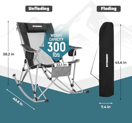 FUNDANGO Rocking Camping Chair, 2 Pack High Mesh Back Portable Folding Camp Chairs with Pillows, Cup Holder and Carry Bag for Lawn Patio Garden Outdoor Supports 300 Lbs (Black/Grey)