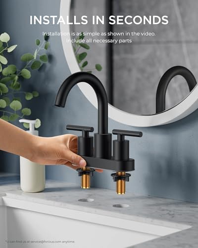 FORIOUS 4 Inch Centerset Bathroom Faucet Black 2 Hole, Two Handle Matte Black Faucet for Bathroom Sink with Metal Dain, 24" Supply Line, and 360° Rotating Spout of 4" Vanity
