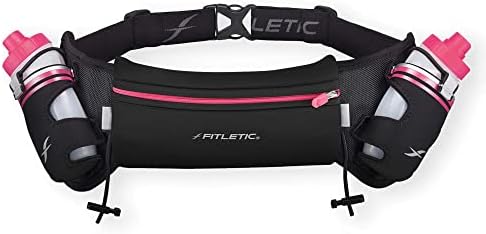 Fitletic Hydration Running Belt with Water Bottles for Men & Women – 2 Quick Flow 8oz Running Water Bottles, Patented Bounce Free Design, Water Resistant Pouch Fits All Phones – Hydra 16