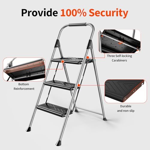3 Step Ladder, Folding Step Stool with Anti-Slip Wide Pedal, Soft Handle, Anti-Slip Feet, Sturdiest Steel Construction, 900lbs Capacity Steel Ladder for Home and Office, Grey